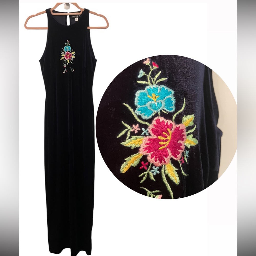 Vintage Y2K blue velvet maxi formal dress prom wedding size XS Floral embroidery